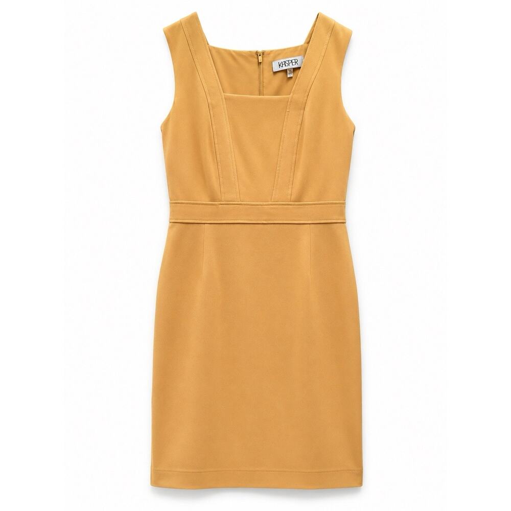 Kasper Yellow Sheath Dress Womens Size 12 Sleeveless Stretch Career Office Midi